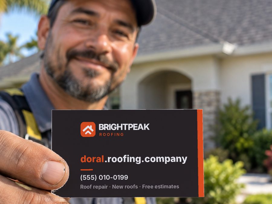 doral.roofing.company on a roofer's business card