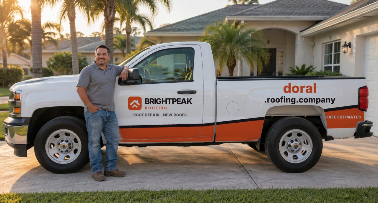 doral.roofing.company painted on the side of a white work truck
