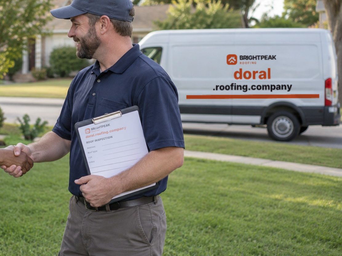 doral.roofing.company on a roofing van and an inspection form